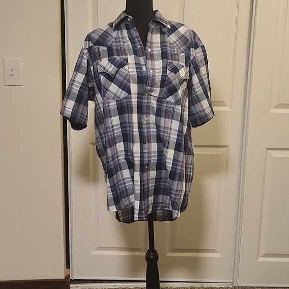 Blue plaid Eli Cattleman short sleeve button down shirt - Picture 1 of 7